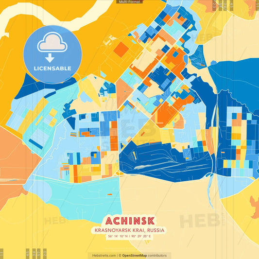 Achinsk, Krasnoyarsk Krai, Russia blue and orange vector art map template