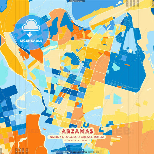 Arzamas, Nizhny Novgorod Oblast, Russia blue and orange vector art map template
