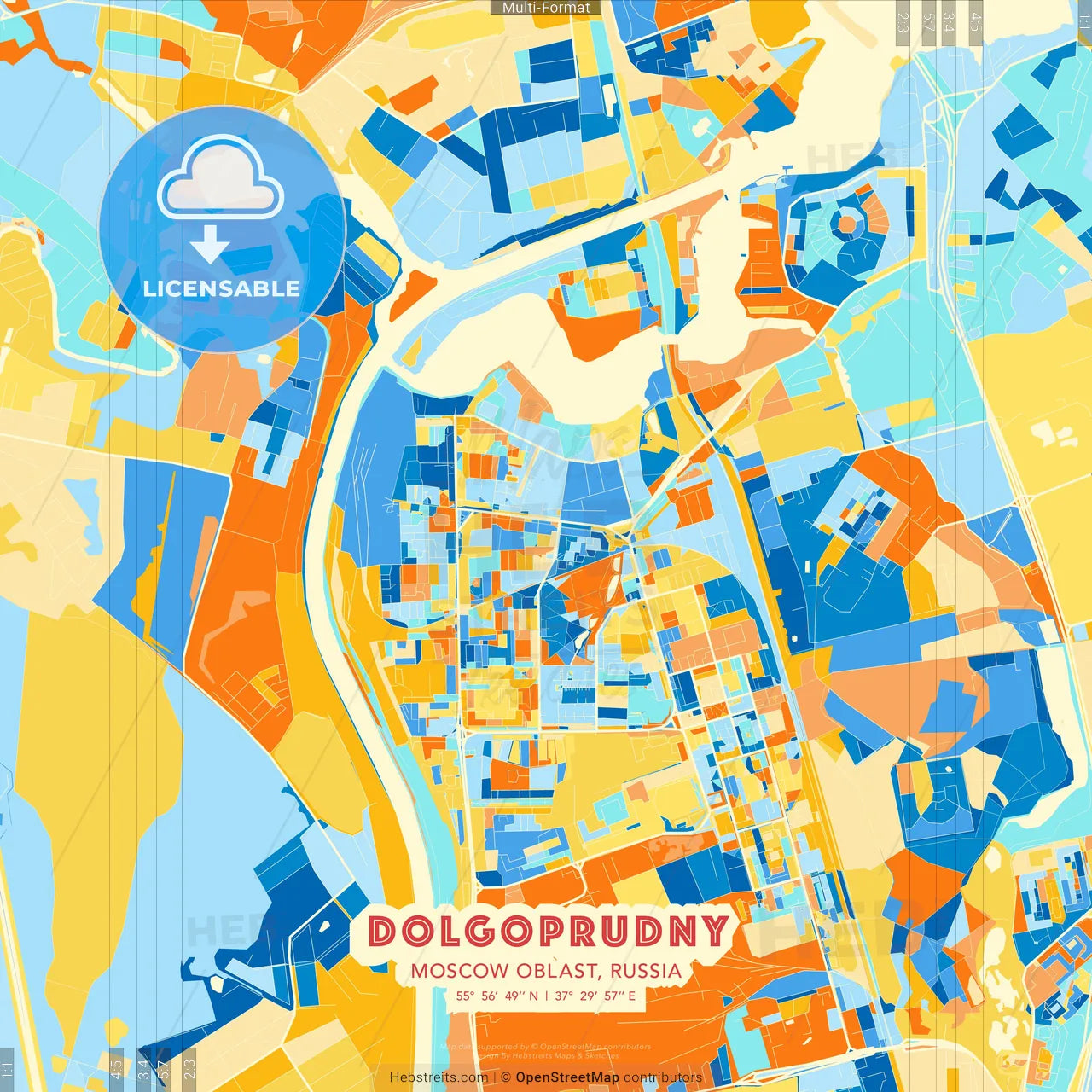 Dolgoprudny, Moscow Oblast, Russia blue and orange vector art map template