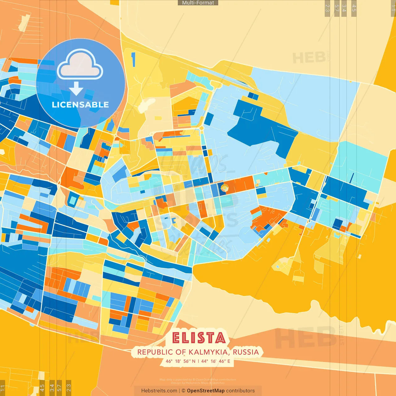 Elista, Republic of Kalmykia, Russia blue and orange vector art map template