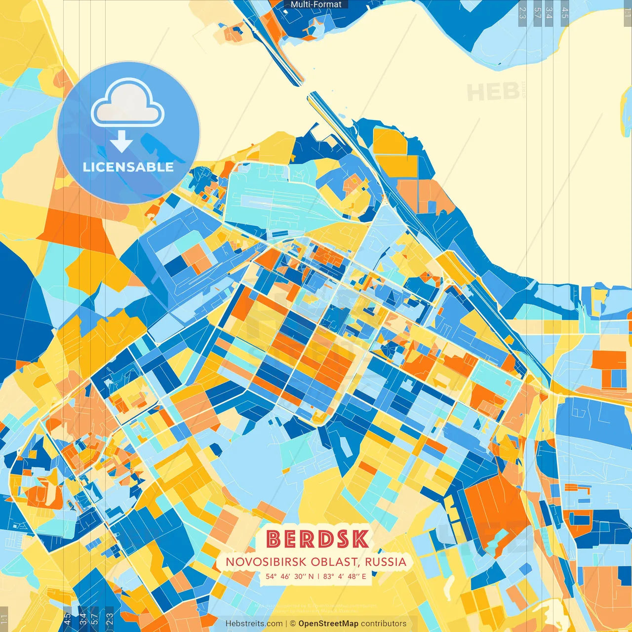 Berdsk, Novosibirsk Oblast, Russia blue and orange vector art map template