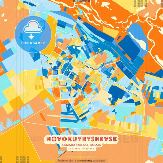 Novokuybyshevsk, Samara Oblast, Russia blue and orange vector art map template