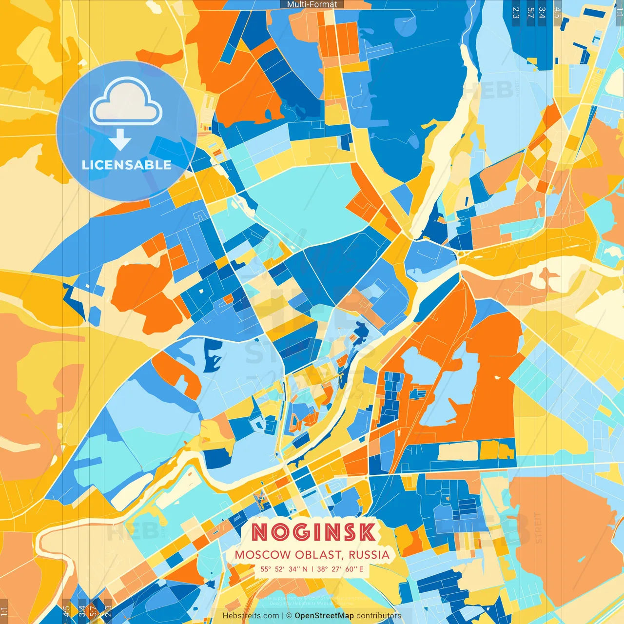 Noginsk, Moscow Oblast, Russia blue and orange vector art map template