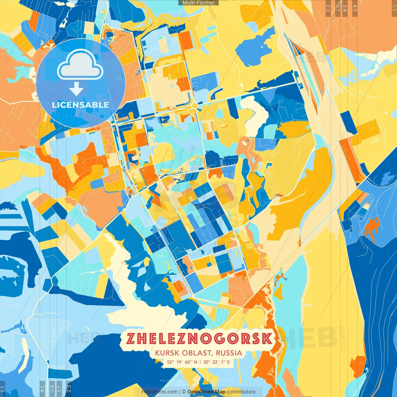 Zheleznogorsk, Kursk Oblast, Russia blue and orange vector art map template