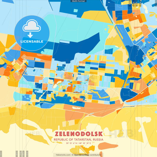 Zelenodolsk, Republic of Tatarstan, Russia blue and orange vector art map template