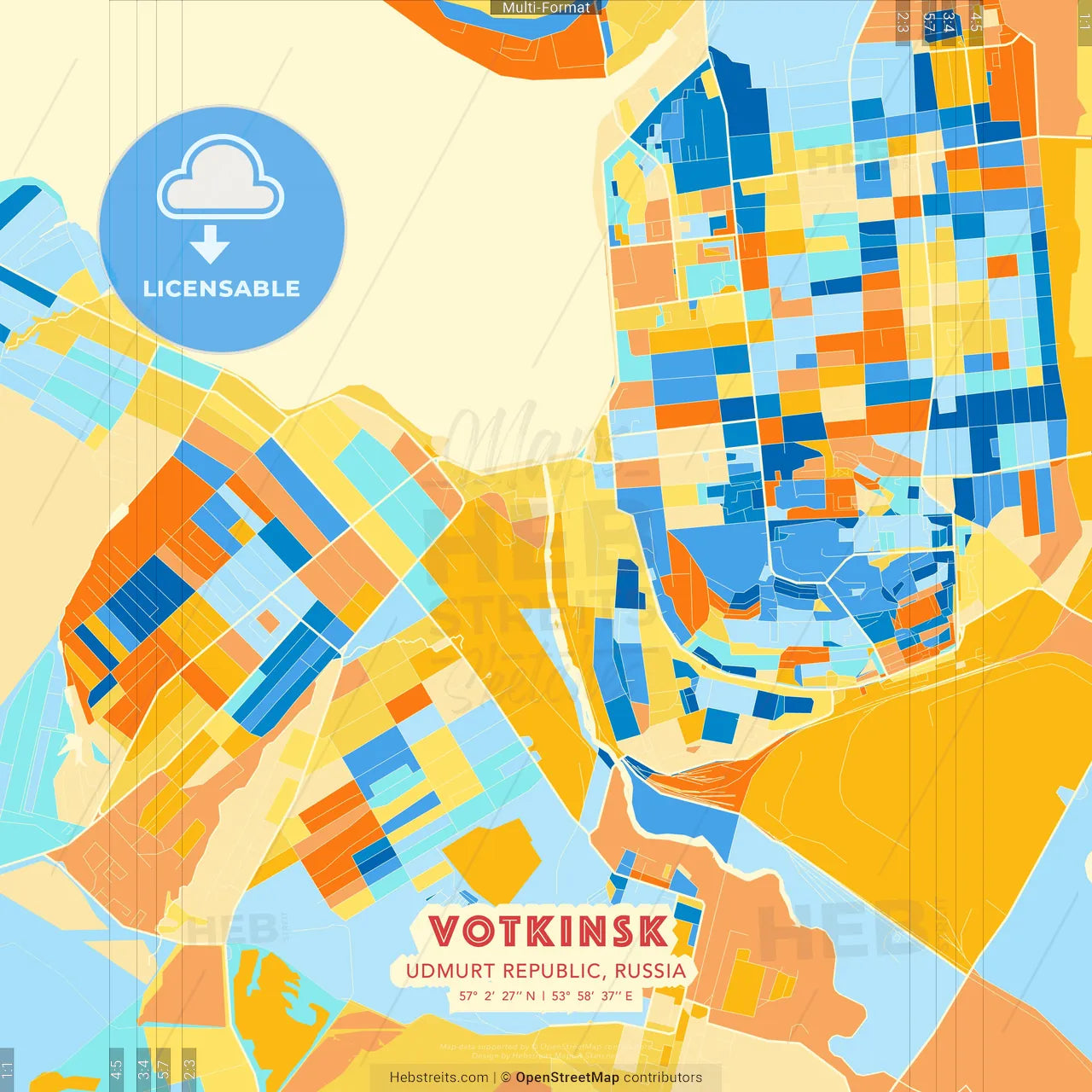 Votkinsk, Udmurt Republic, Russia blue and orange vector art map template