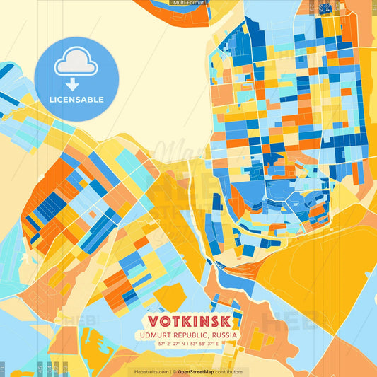 Votkinsk, Udmurt Republic, Russia blue and orange vector art map template