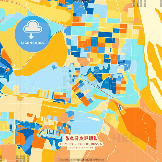 Sarapul, Udmurt Republic, Russia blue and orange vector art map template