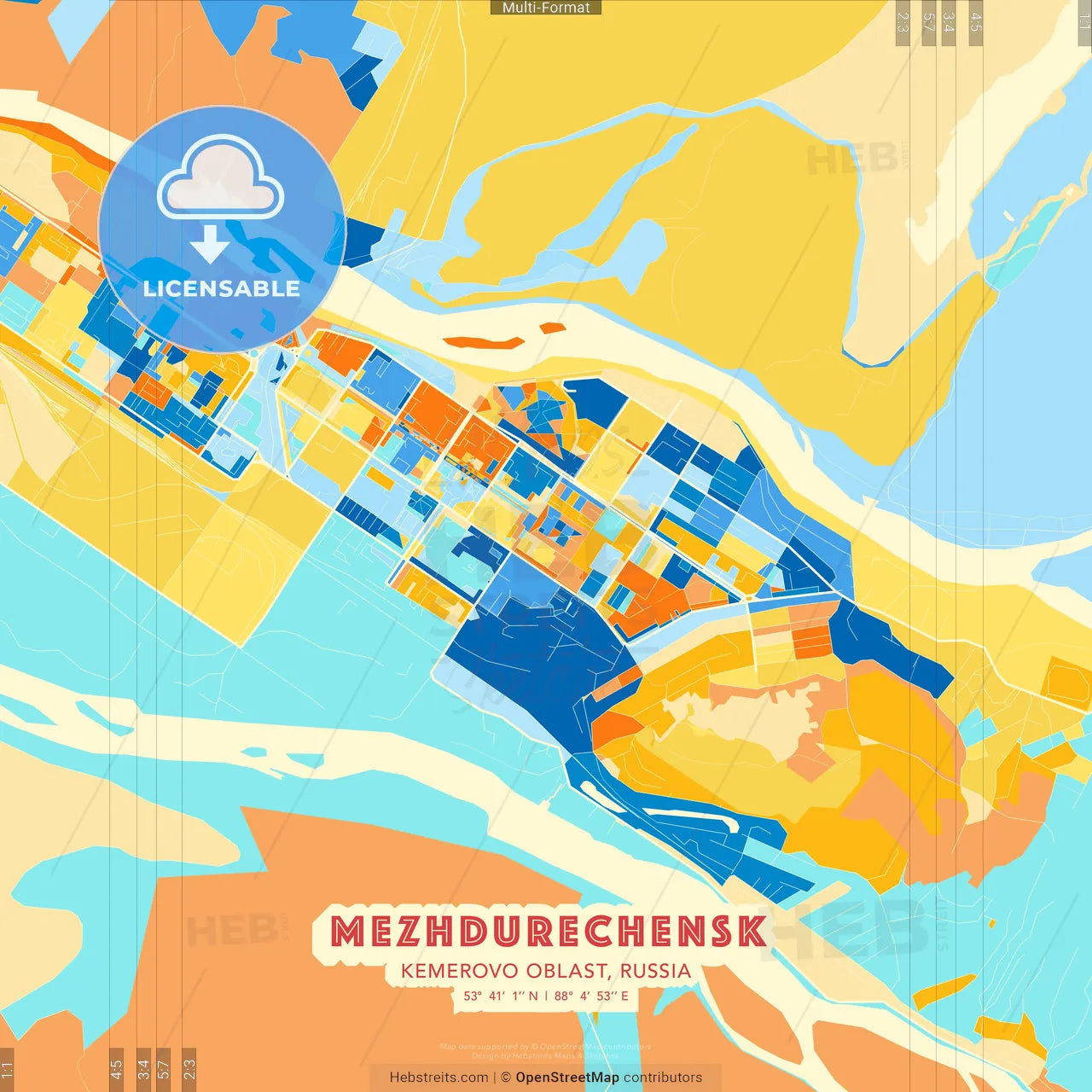Mezhdurechensk, Kemerovo Oblast, Russia blue and orange vector art map template