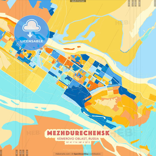 Mezhdurechensk, Kemerovo Oblast, Russia blue and orange vector art map template