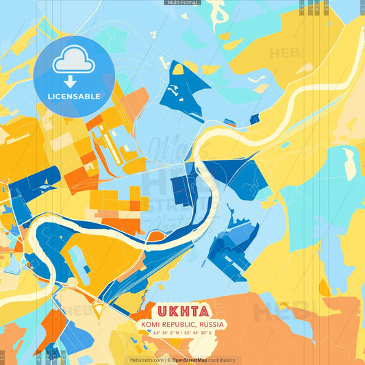 Ukhta, Komi Republic, Russia blue and orange vector art map template