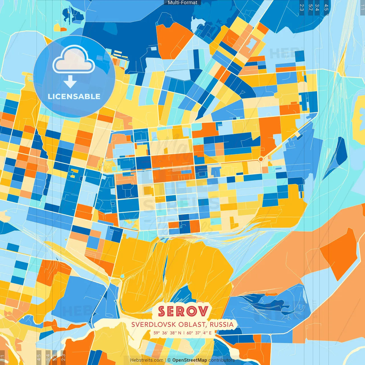 Serov, Sverdlovsk Oblast, Russia blue and orange vector art map template
