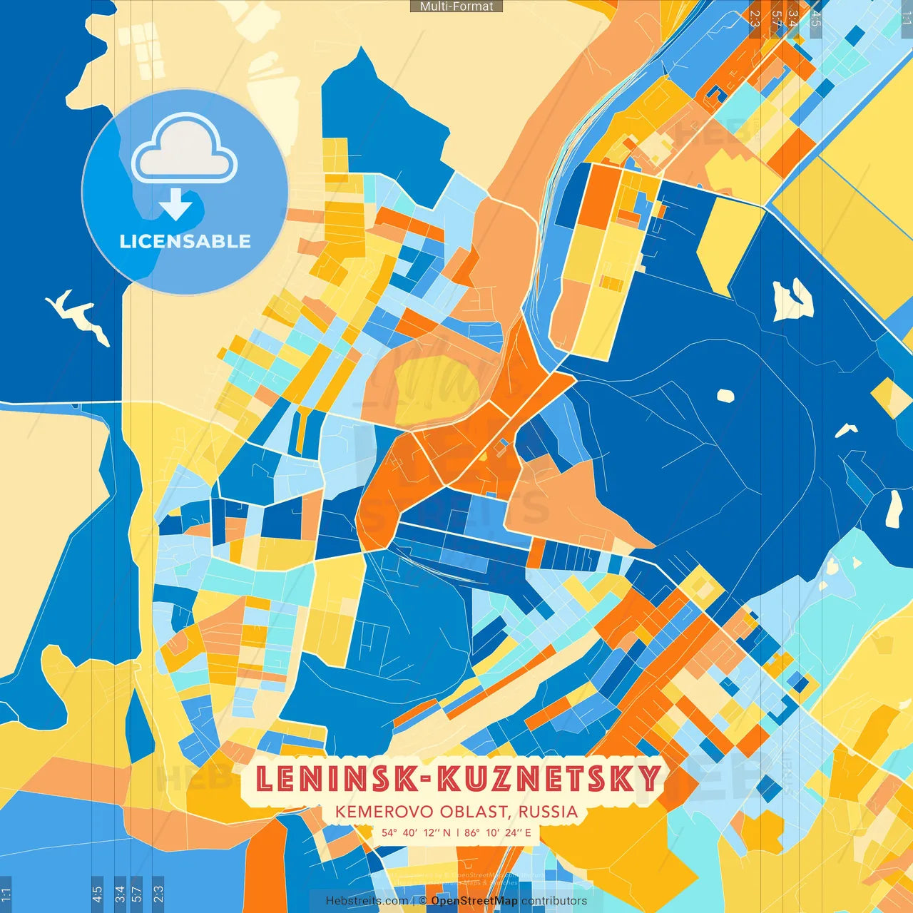 Leninsk-Kuznetsky, Kemerovo Oblast, Russia blue and orange vector art map template
