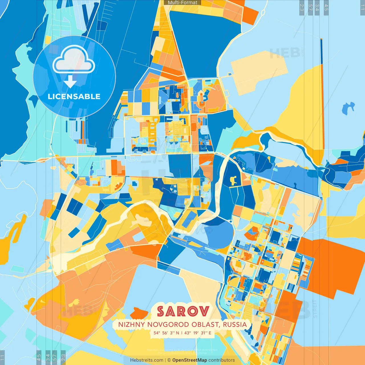 Sarov, Nizhny Novgorod Oblast, Russia blue and orange vector art map template