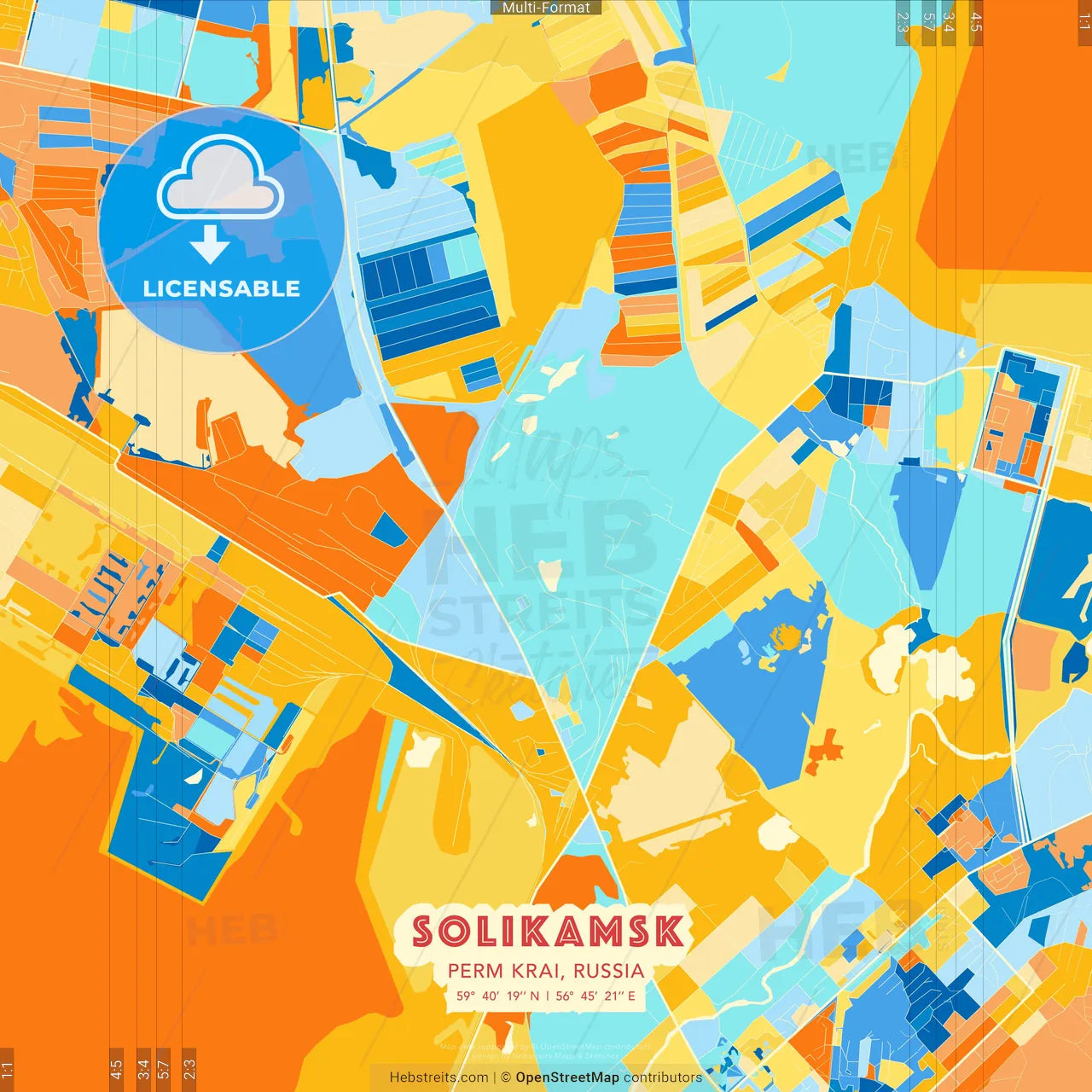 Solikamsk, Perm Krai, Russia blue and orange vector art map template