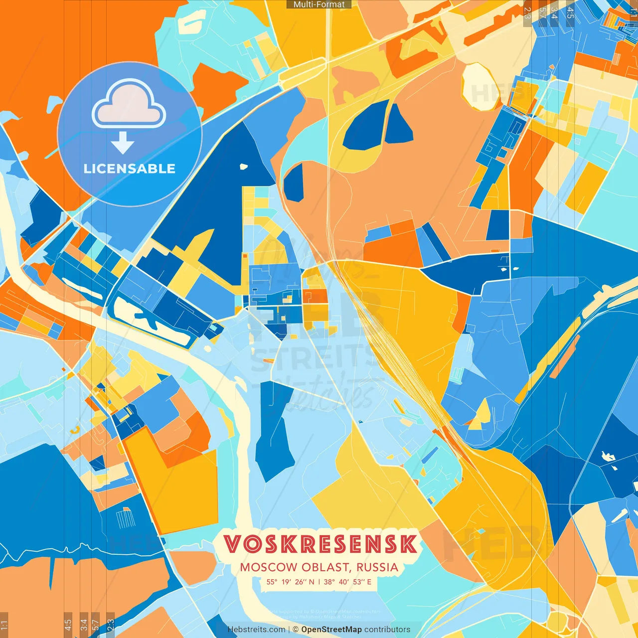 Voskresensk, Moscow Oblast, Russia blue and orange vector art map template