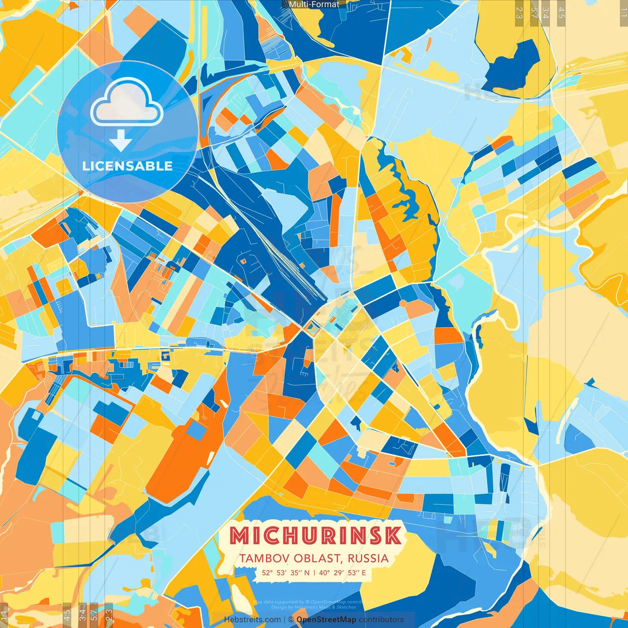 Michurinsk, Tambov Oblast, Russia blue and orange vector art map template