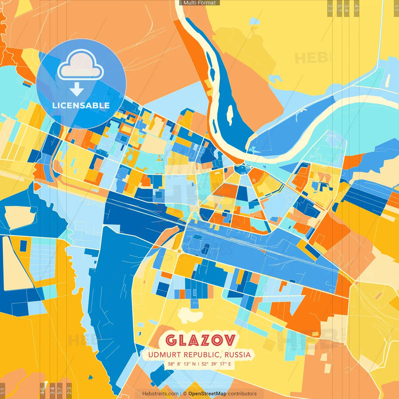 Glazov, Udmurt Republic, Russia blue and orange vector art map template