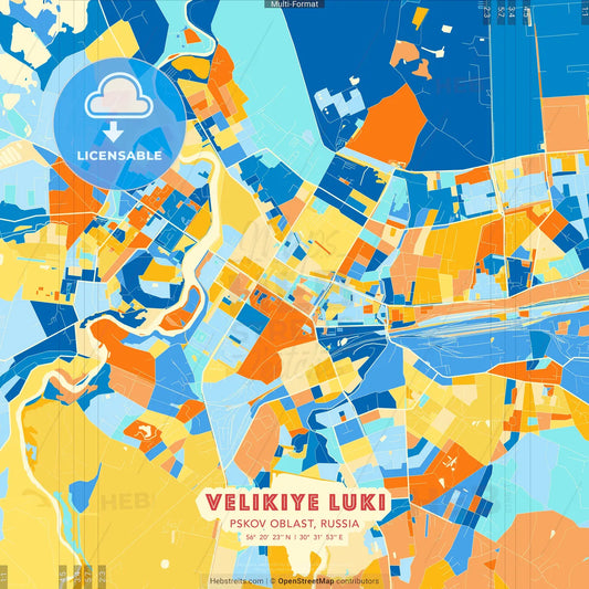 Velikiye Luki, Pskov Oblast, Russia blue and orange vector art map template