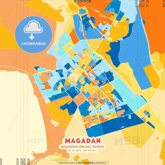 Magadan, Magadan Oblast, Russia blue and orange vector art map template