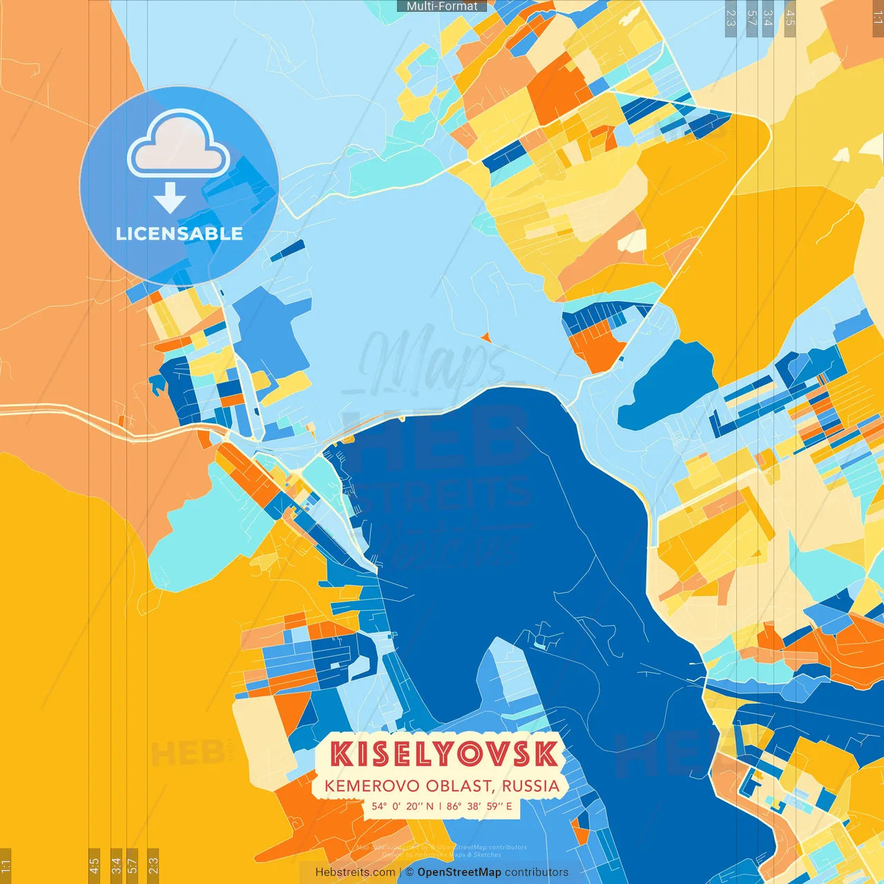 Kiselyovsk, Kemerovo Oblast, Russia blue and orange vector art map template