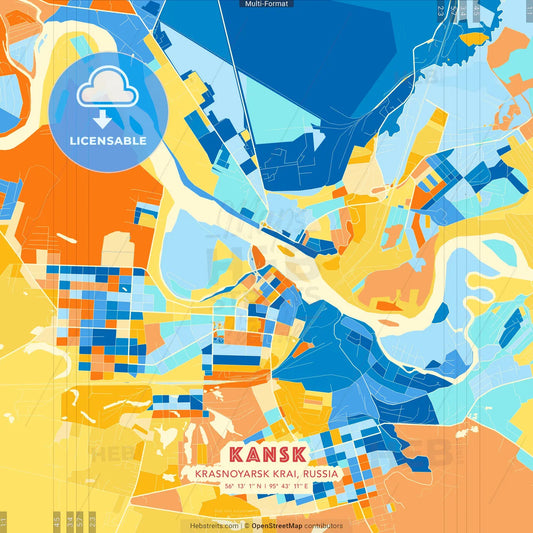 Kansk, Krasnoyarsk Krai, Russia blue and orange vector art map template