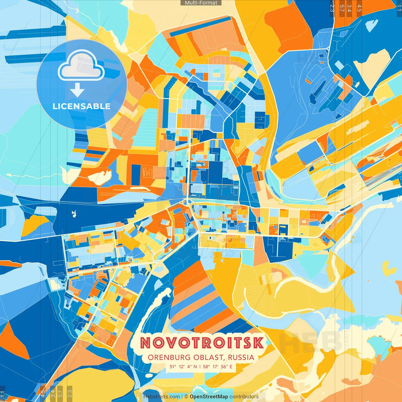 Novotroitsk, Orenburg Oblast, Russia blue and orange vector art map template