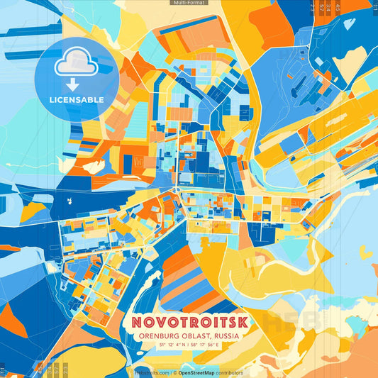 Novotroitsk, Orenburg Oblast, Russia blue and orange vector art map template