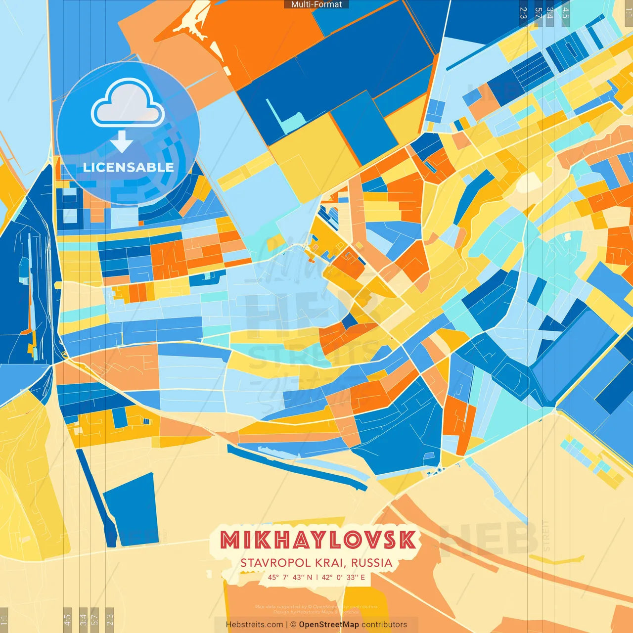 Mikhaylovsk, Stavropol Krai, Russia blue and orange vector art map template