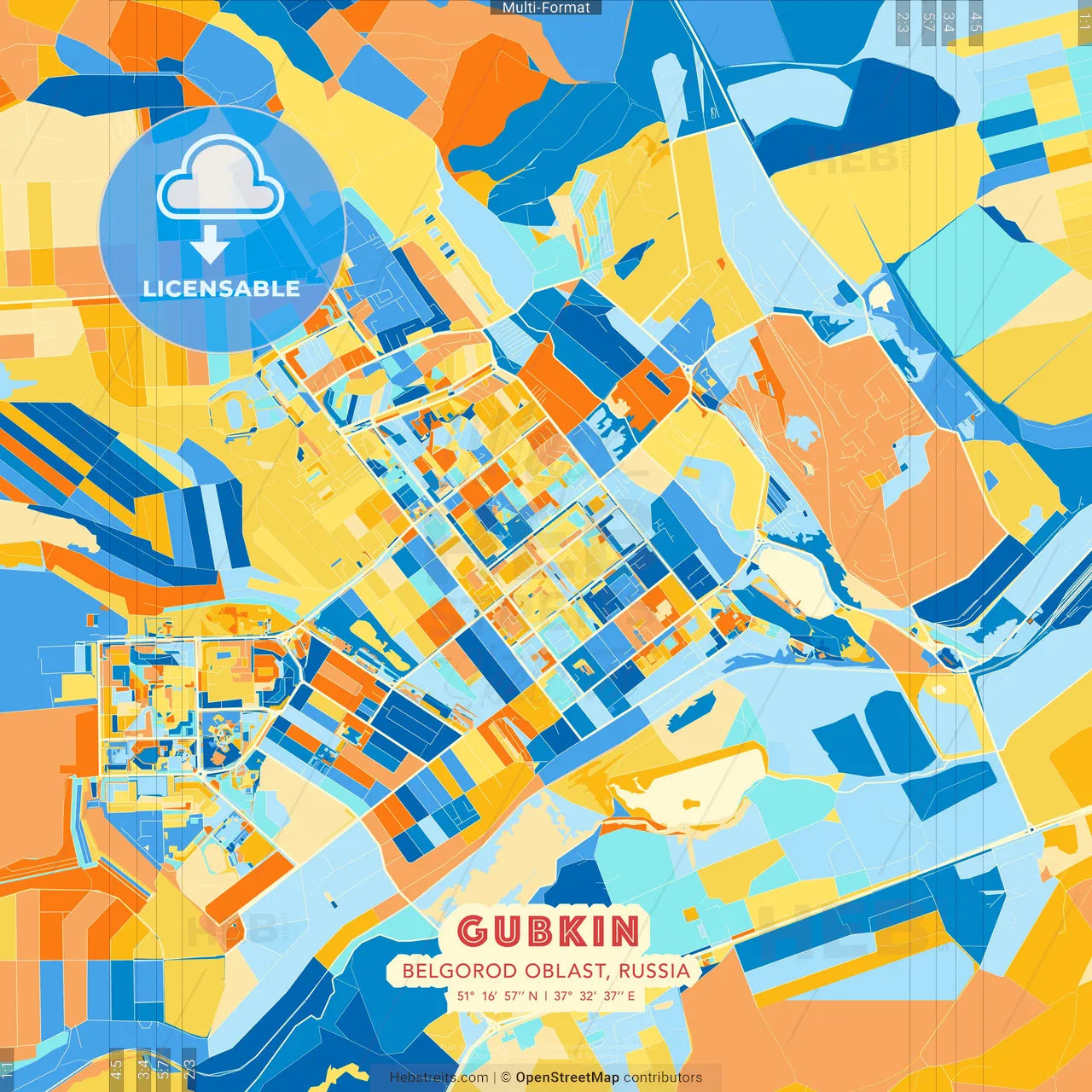 Gubkin, Belgorod Oblast, Russia blue and orange vector art map template