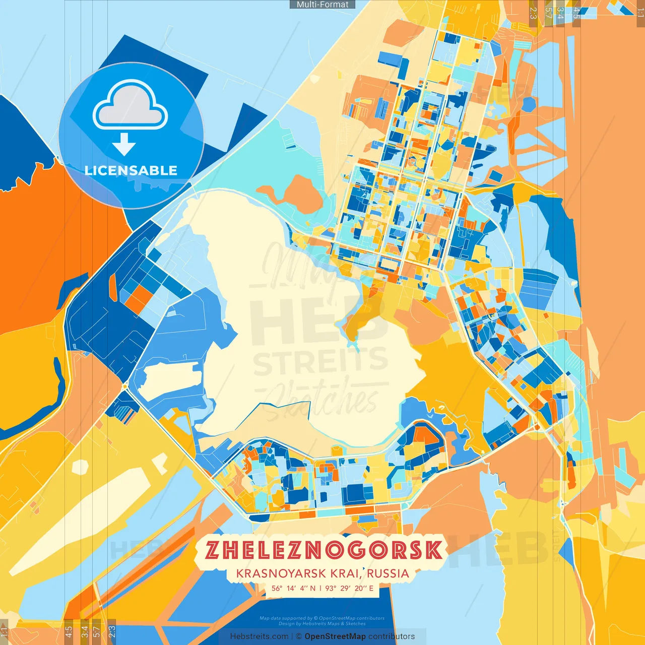 Zheleznogorsk, Krasnoyarsk Krai, Russia blue and orange vector art map template