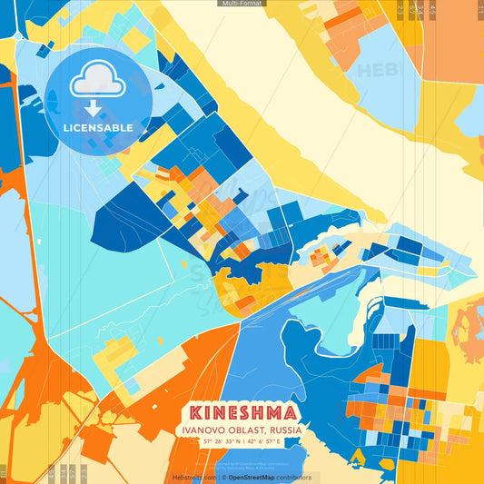 Kineshma, Ivanovo Oblast, Russia blue and orange vector art map template