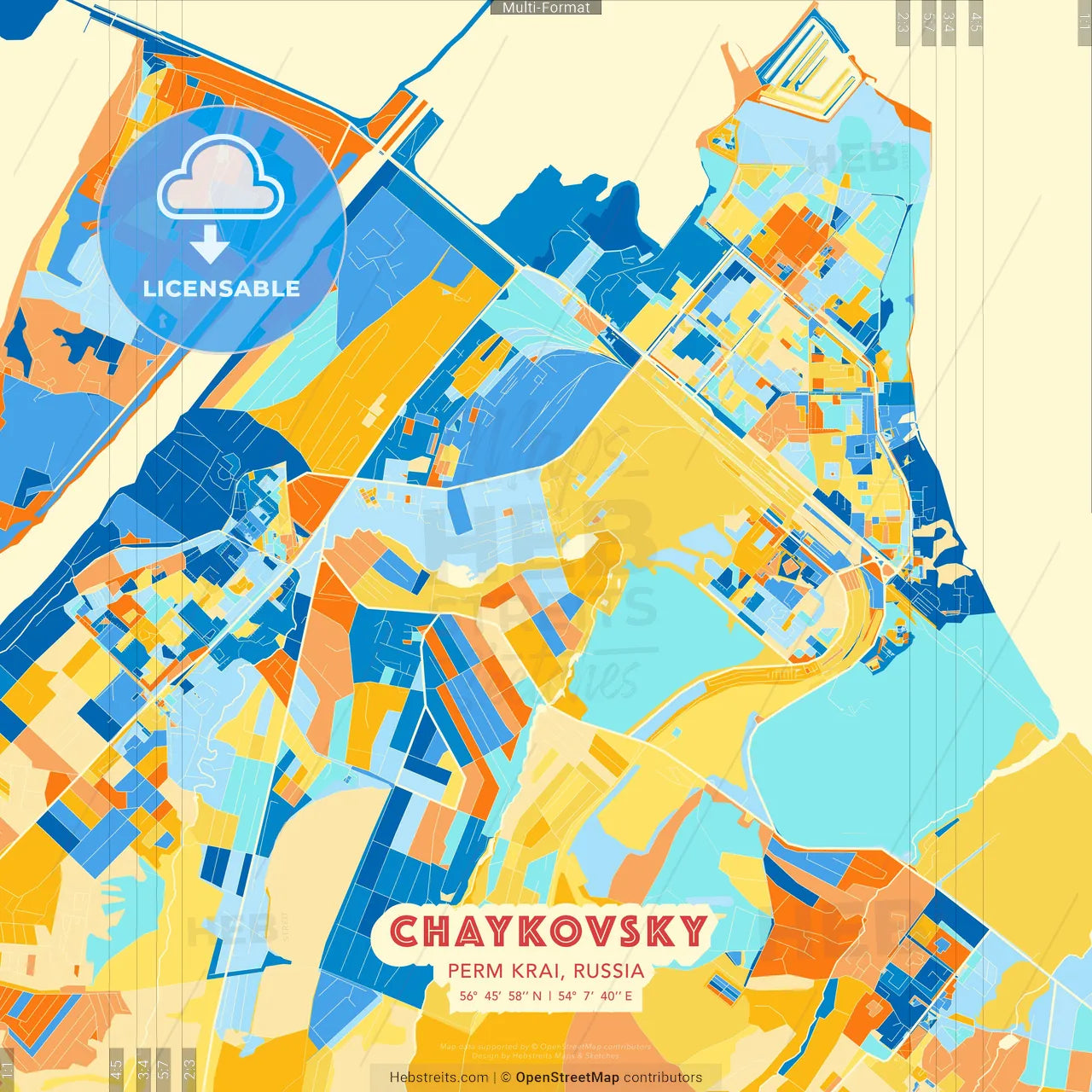 Chaykovsky, Perm Krai, Russia blue and orange vector art map template