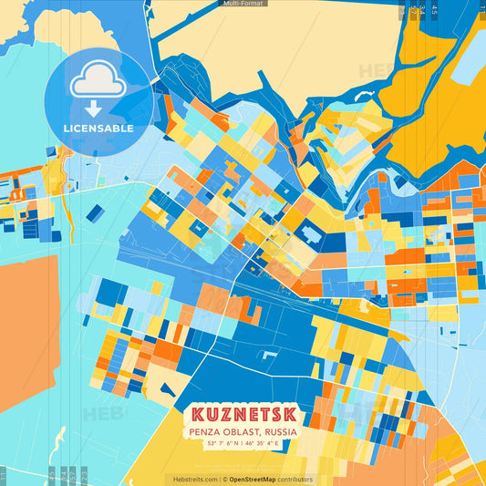 Kuznetsk, Penza Oblast, Russia blue and orange vector art map template