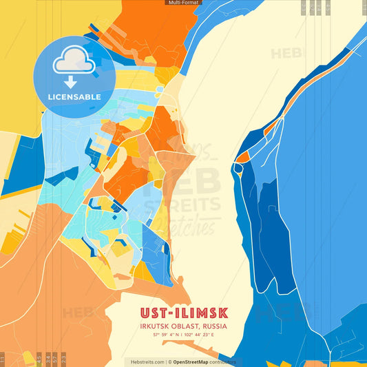Ust-Ilimsk, Irkutsk Oblast, Russia blue and orange vector art map template