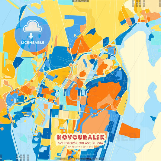 Novouralsk, Sverdlovsk Oblast, Russia blue and orange vector art map template