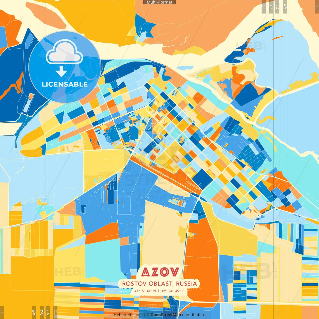 Azov, Rostov Oblast, Russia blue and orange vector art map template