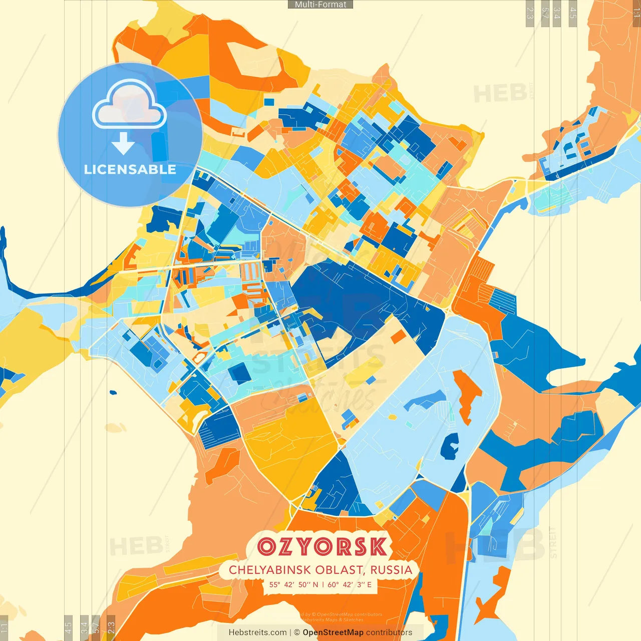 Ozyorsk, Chelyabinsk Oblast, Russia blue and orange vector art map template