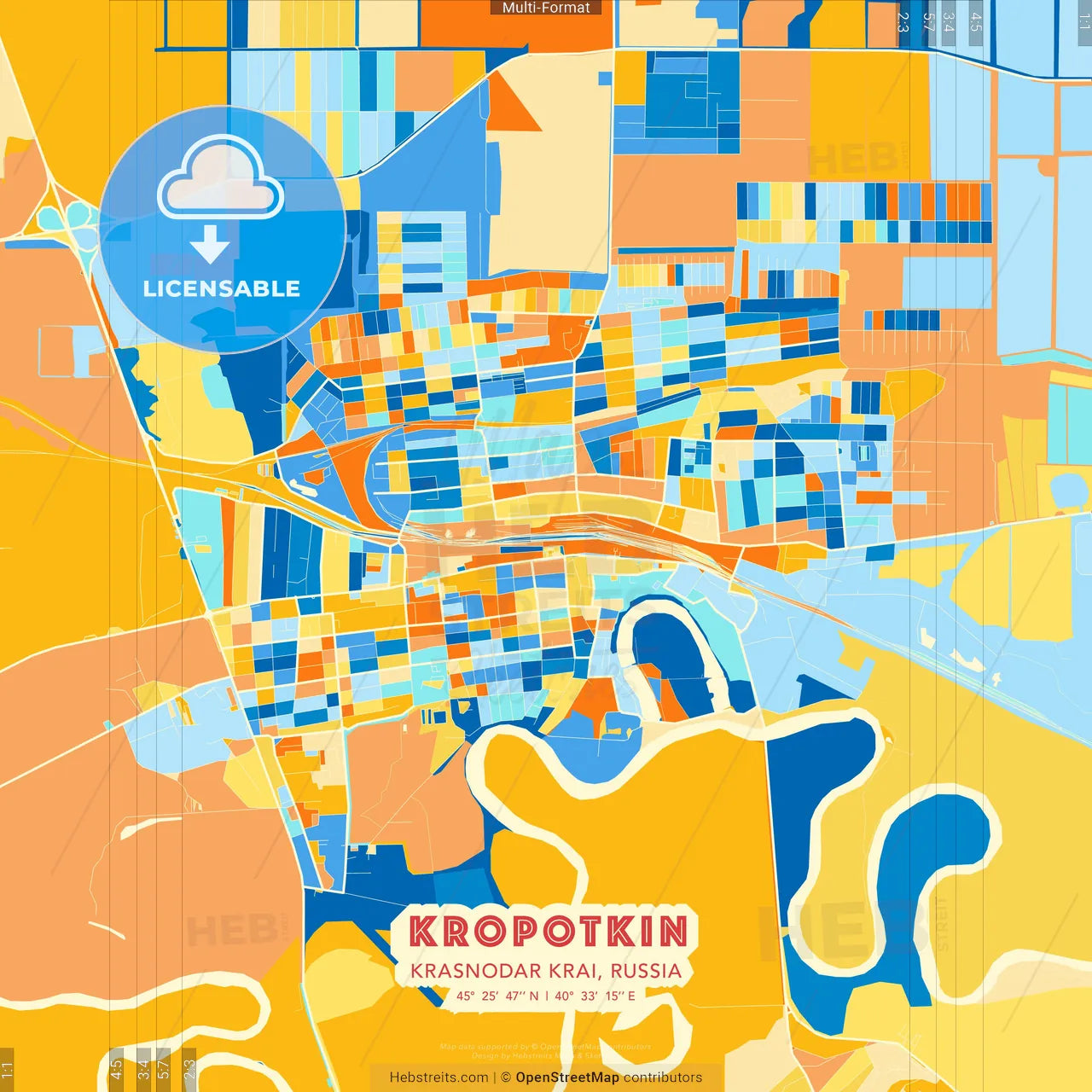 Kropotkin, Krasnodar Krai, Russia blue and orange vector art map template