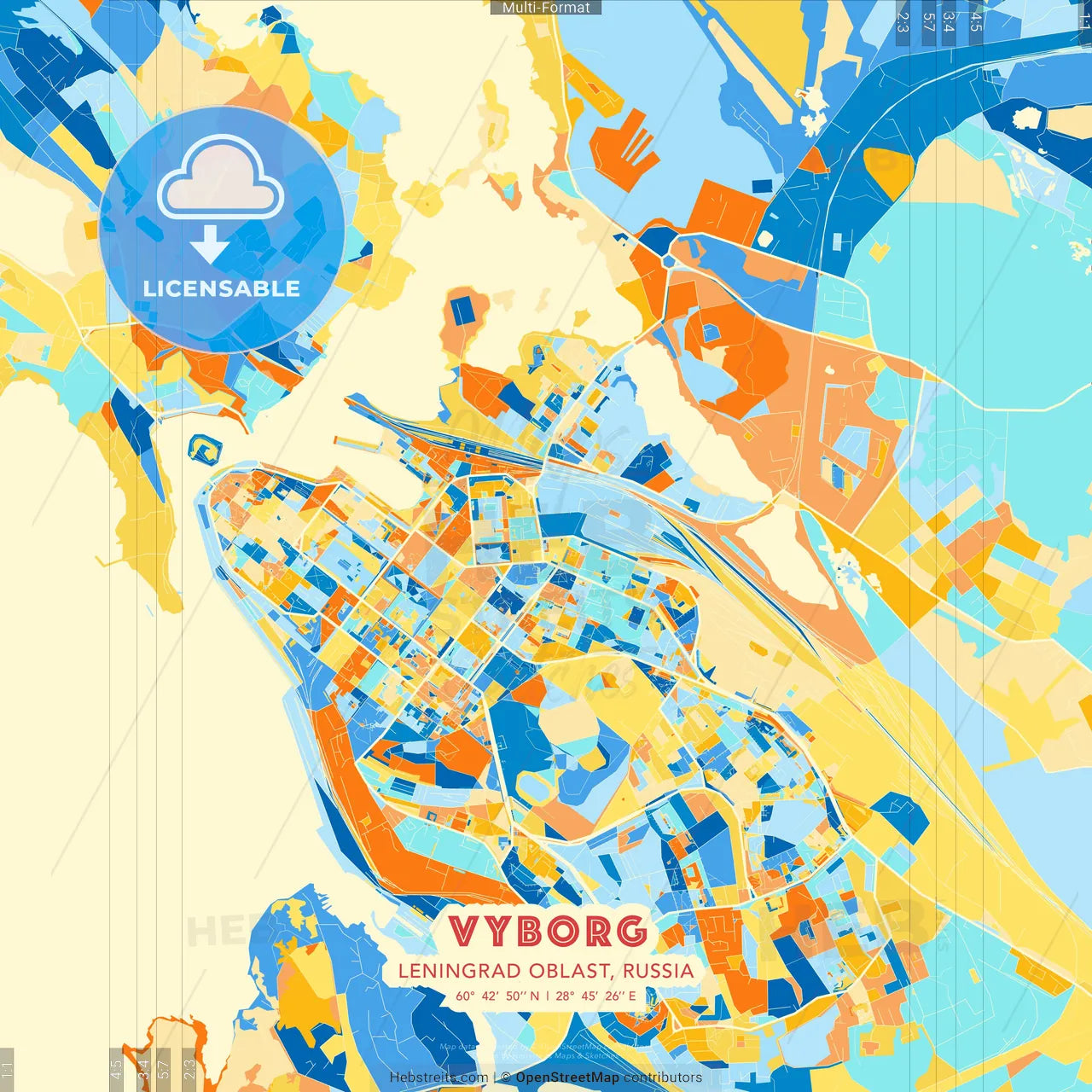 Vyborg, Leningrad Oblast, Russia blue and orange vector art map template