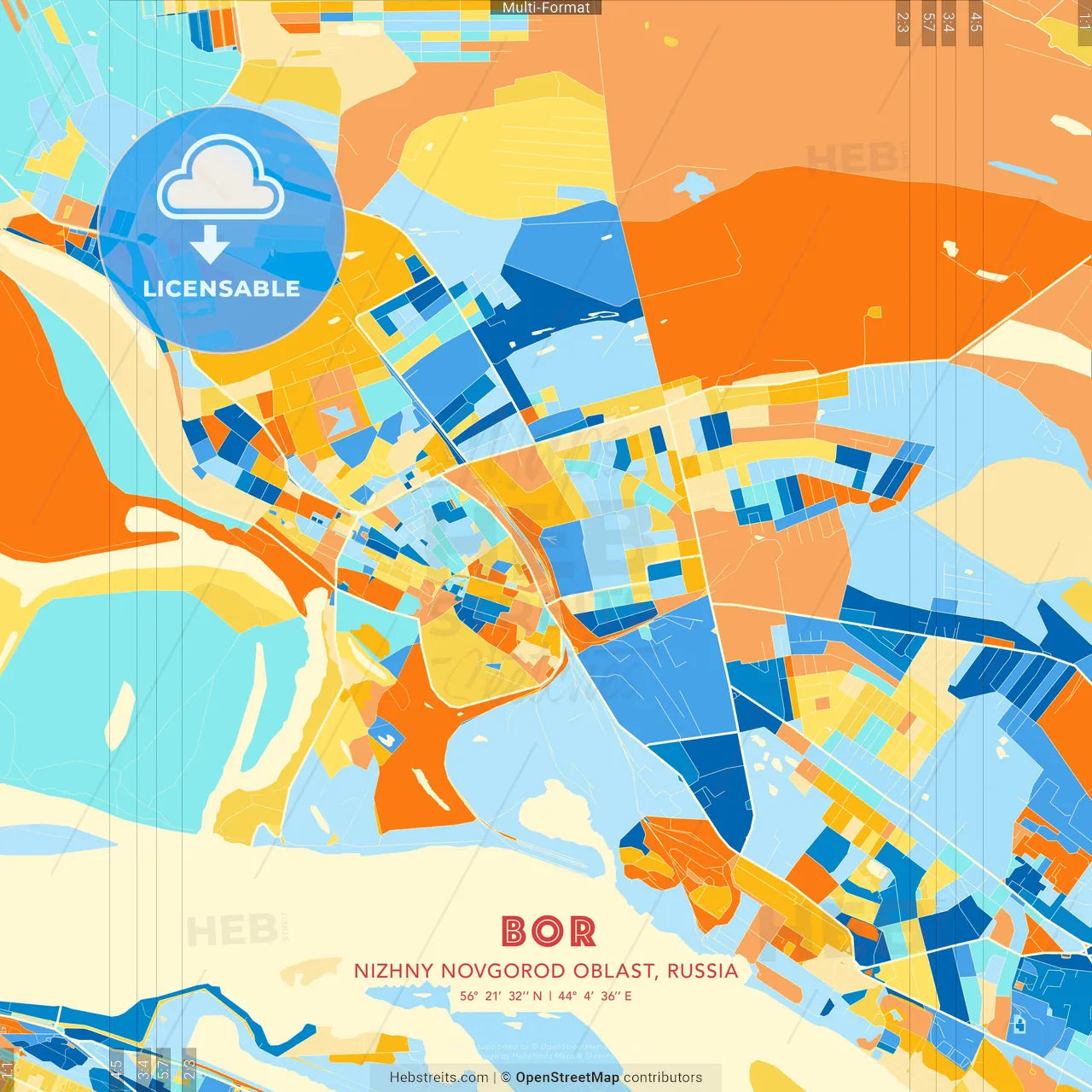 Bor, Nizhny Novgorod Oblast, Russia blue and orange vector art map template