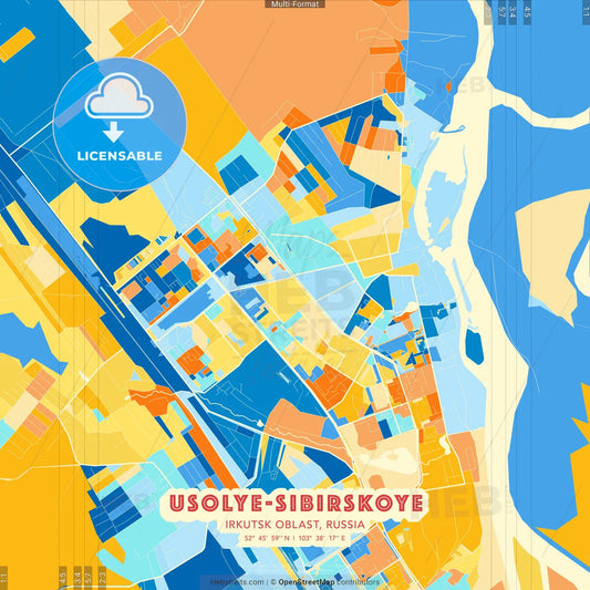 Usolye-Sibirskoye, Irkutsk Oblast, Russia blue and orange vector art map template