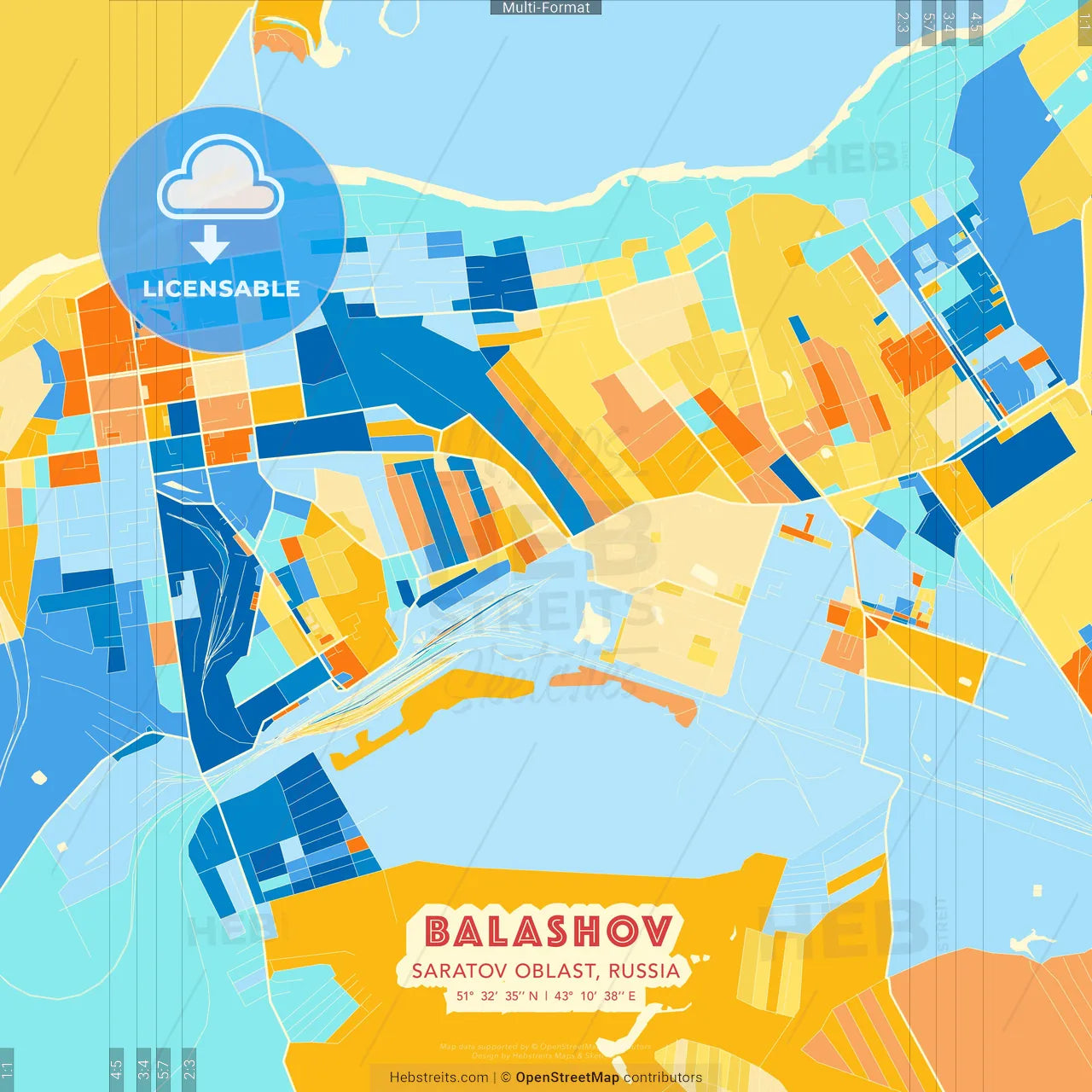 Balashov, Saratov Oblast, Russia blue and orange vector art map template