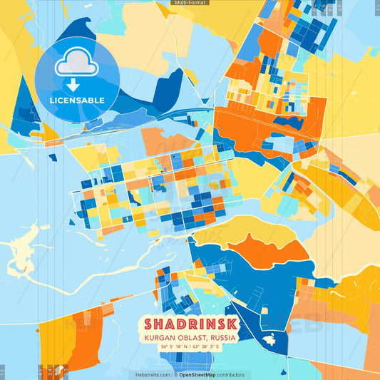 Shadrinsk, Kurgan Oblast, Russia blue and orange vector art map template