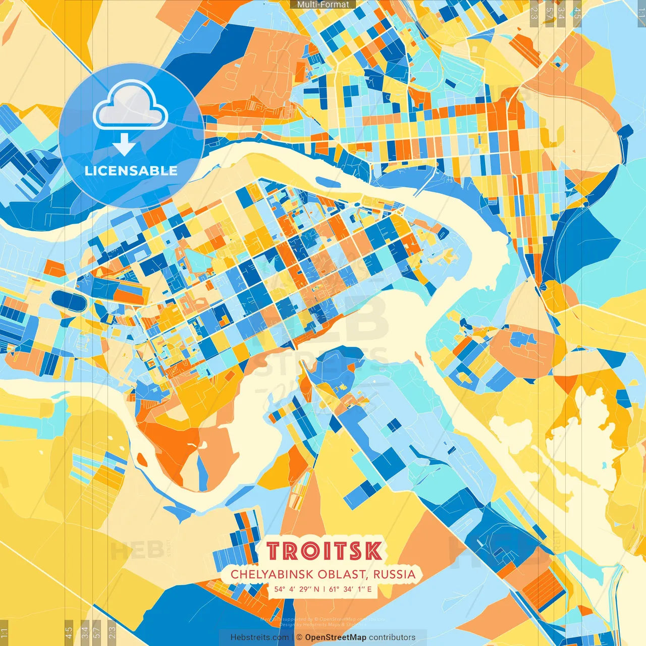 Troitsk, Chelyabinsk Oblast, Russia blue and orange vector art map template