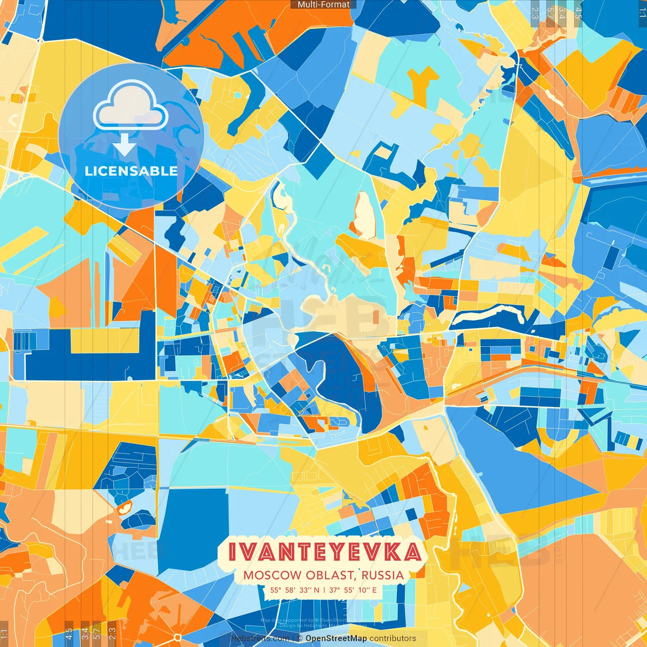 Ivanteyevka, Moscow Oblast, Russia blue and orange vector art map template