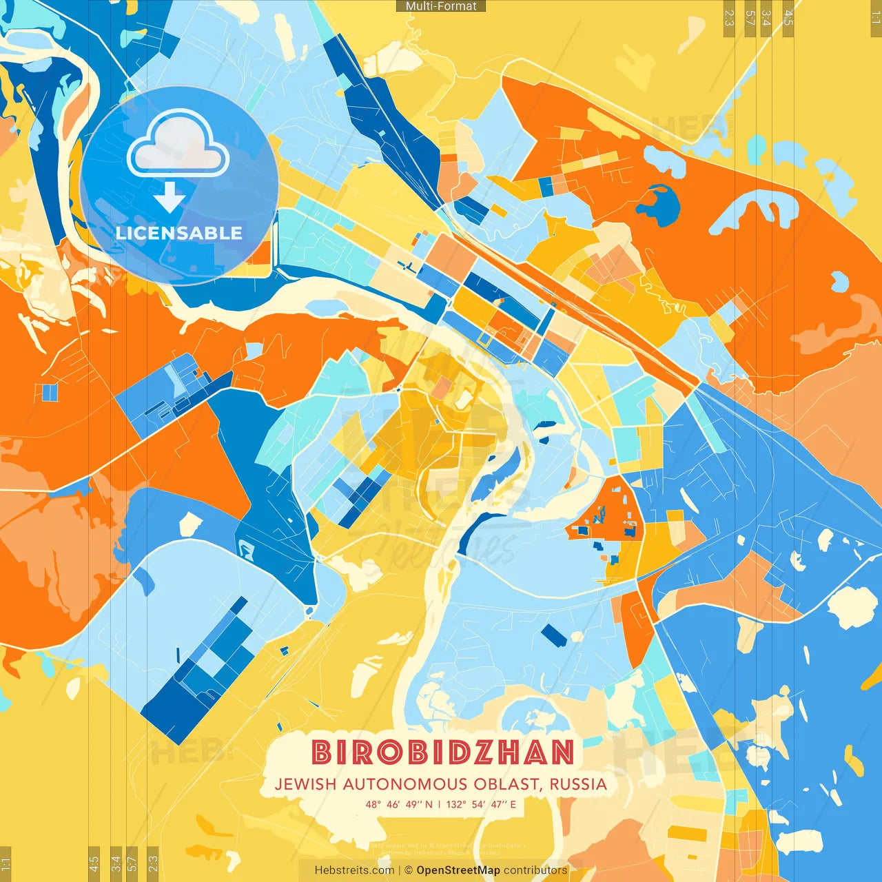 Birobidzhan, Jewish Autonomous Oblast, Russia blue and orange vector art map template