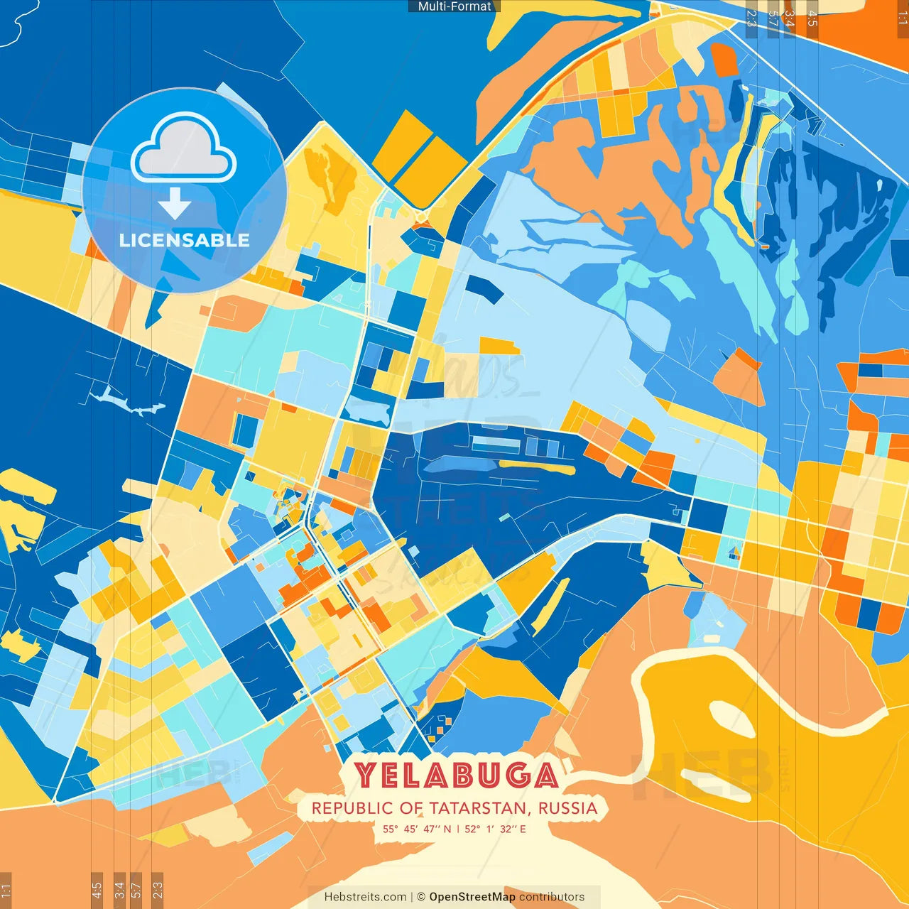 Yelabuga, Republic of Tatarstan, Russia blue and orange vector art map template