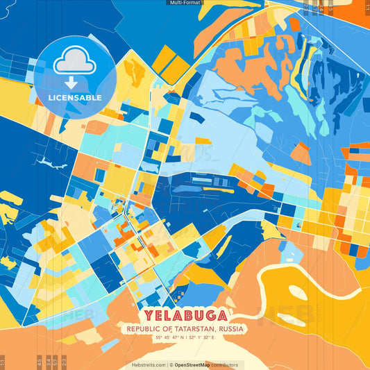 Yelabuga, Republic of Tatarstan, Russia blue and orange vector art map template