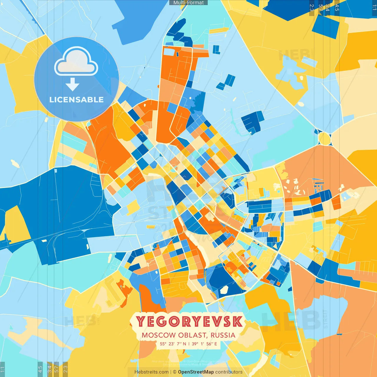Yegoryevsk, Moscow Oblast, Russia blue and orange vector art map template